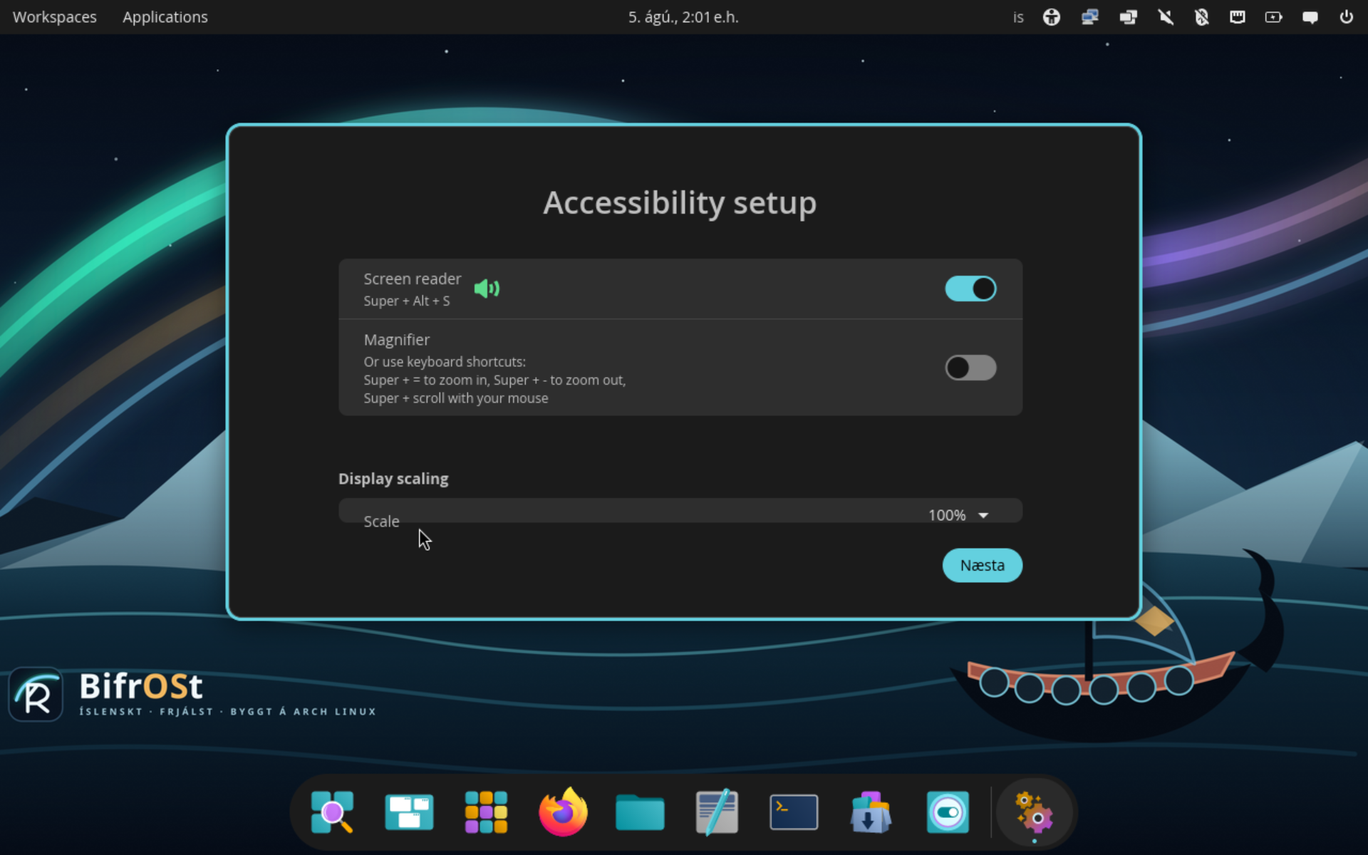 BifrOSt COSMIC desktop with the aurora wallpaper